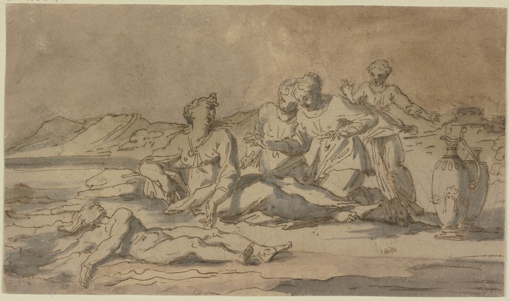 Hero umgeben von ihren Mädchen beweint den ertrunkenen Leander, Annibale Carracci;   ?