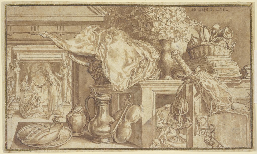 A kitchen still life, Jacques de Gheyn II, after Pieter Aertsen