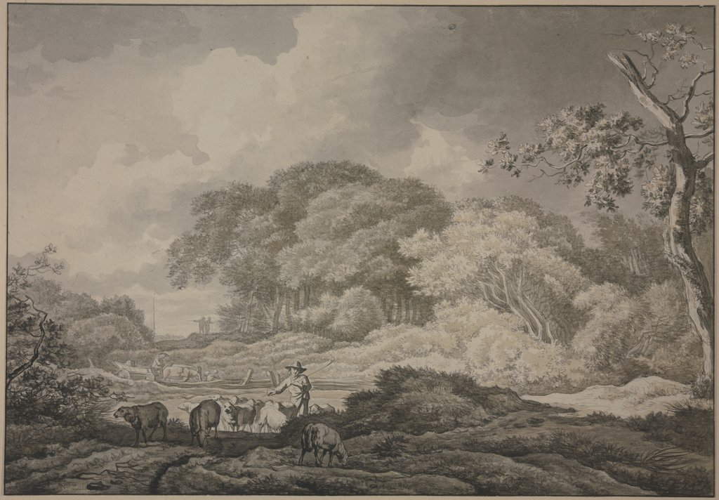 Baumpartie, vorne eine Schafherde, hinten an einem Zaun ein Wagen mit zwei Pferden, Geerlig Grijpmoed