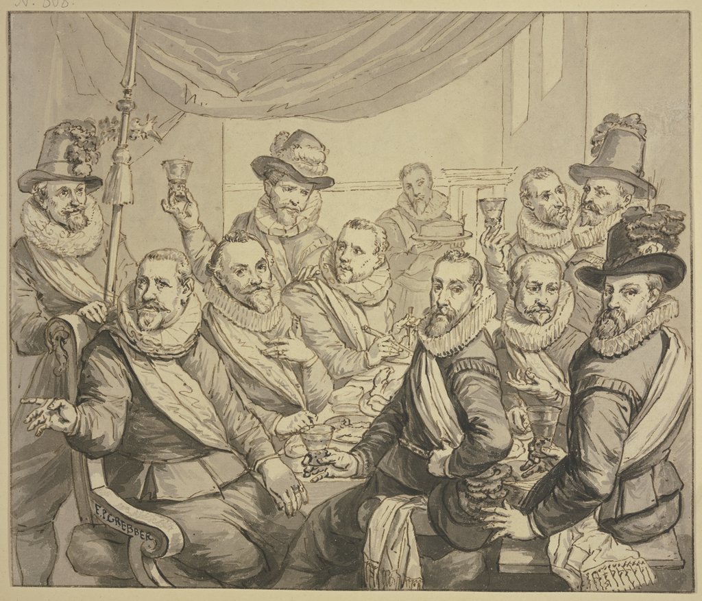 Eine Gesellschaft Offiziere bei Tische, links ein Hellebardier, Franz Pietersz. Grebber;   ?