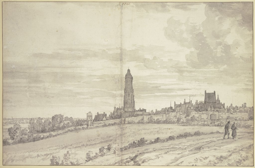 Stadtansicht mit einer Kathedrale und langer Stadtmauer, Joris van der Hagen