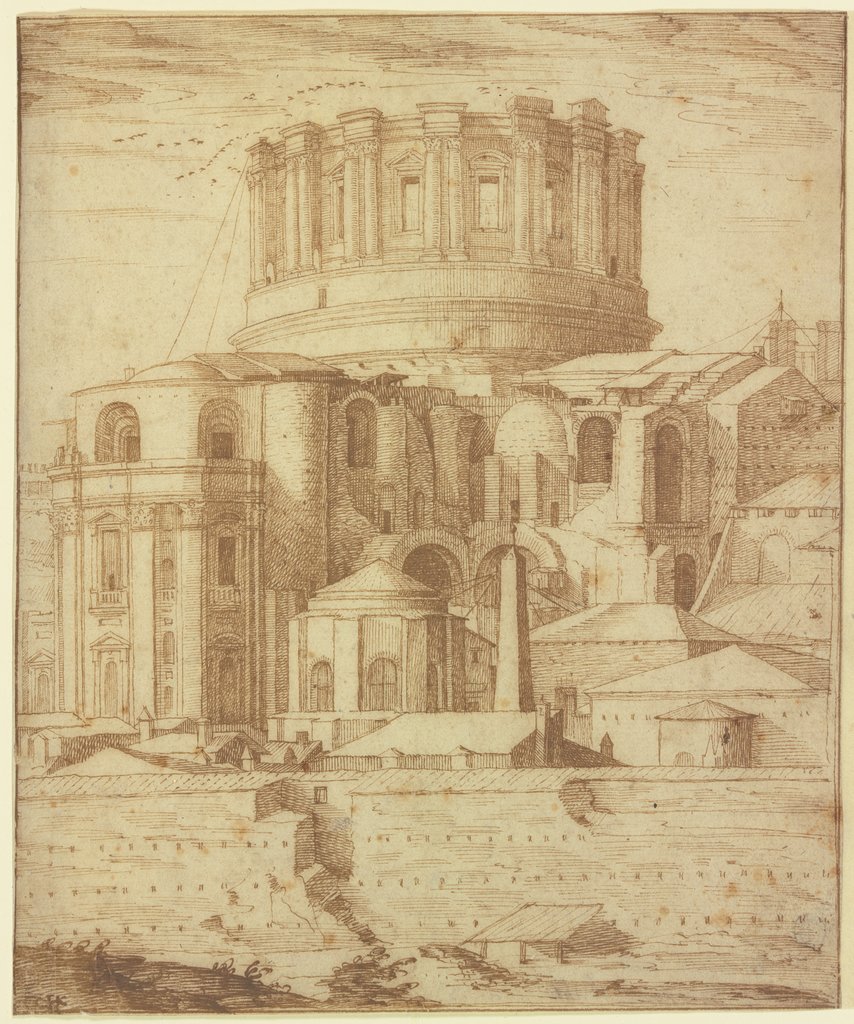 Die im Bau befindliche Kirche Neu-St.-Peter in Rom von Südosten gesehen, Niederländisch, 16. Jahrhundert