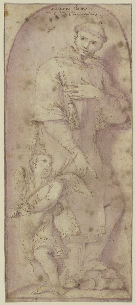 Der Heilige Crispinus (oder Stephanus?) mit einem Engel in einer Nische, Ludovico Carracci