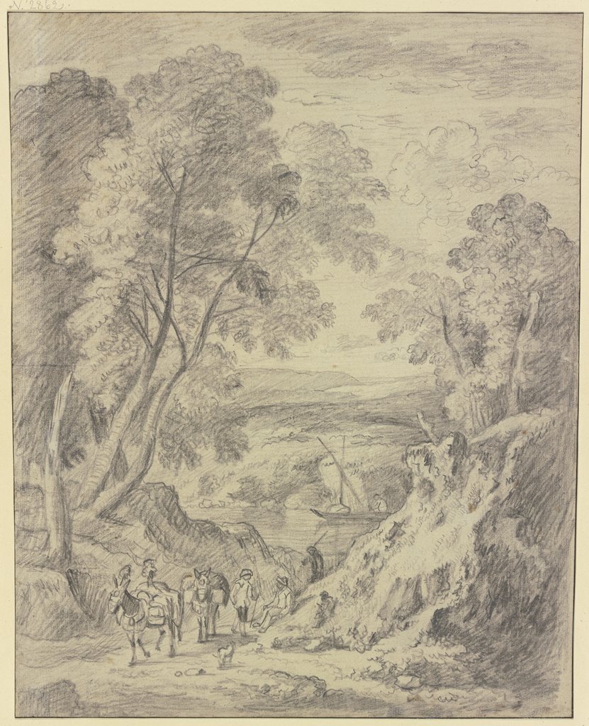 Ein Hohlweg nach einem Flusse gehend, vorn Maultiertreiber, Nicolaus Huysmann