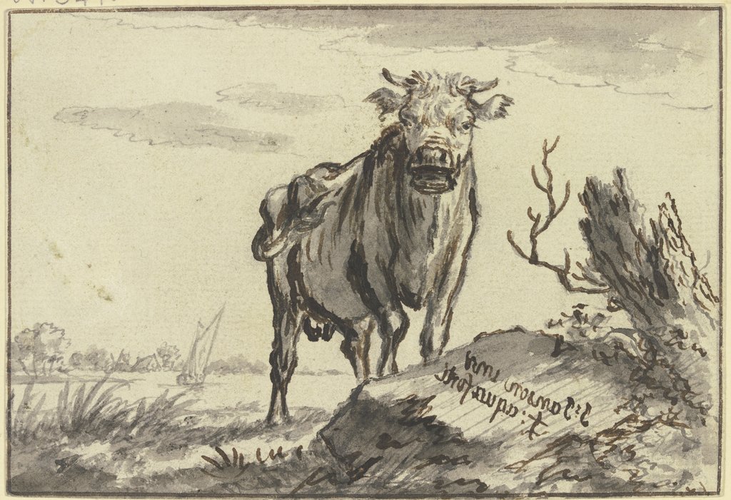 Ein Stier von vorne gesehen bei einem Baumstamm, Johannes Janson