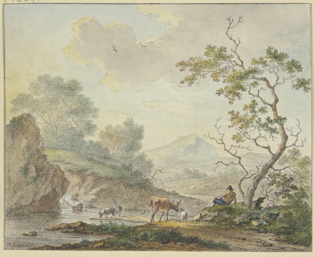 Bei einem Wasserfall ein Hirte mit einer Kuh und Ziegen, Johannes Christiaan Janson