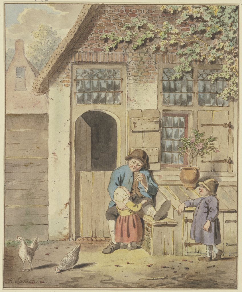 Vor einer Haustür sitzt ein Bauer mit zwei Kindern, dabei zwei Hühner, Johannes Christiaan Janson