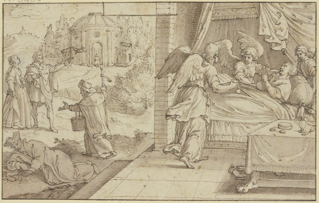 Eine Heilige krank im Bette liegend, von Engeln getröstet, Pieter de Jode I