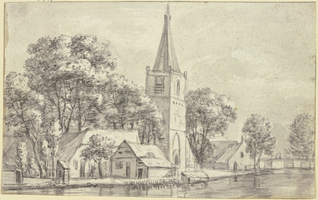 Dorfkirche unter Bäumen am Kanal, Jan van Kessel