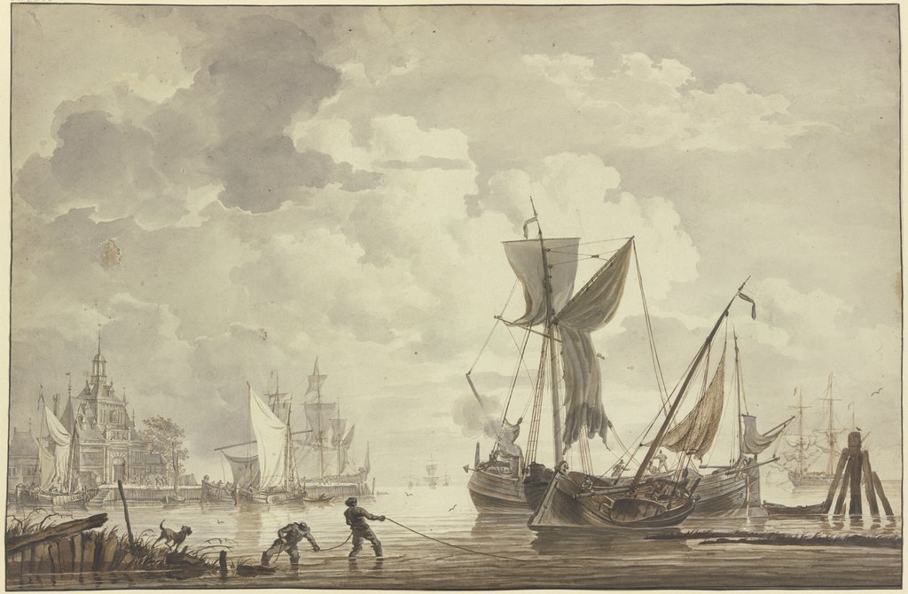 Hafen, links ein Gebäude mit großem Portal, zwei Matrosen ziehen ein Seil aus dem Wasser, Hendrik Kobell