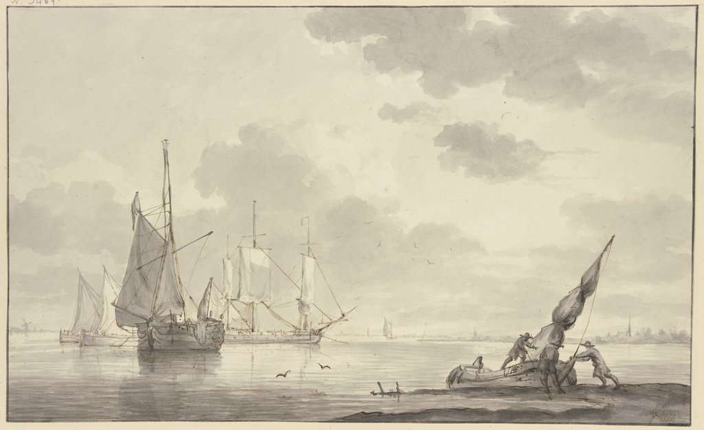 Ruhige See, links liegen mehrere große Schiffe, rechts machen drei Männer ein Boot flott, Hendrik Kobell