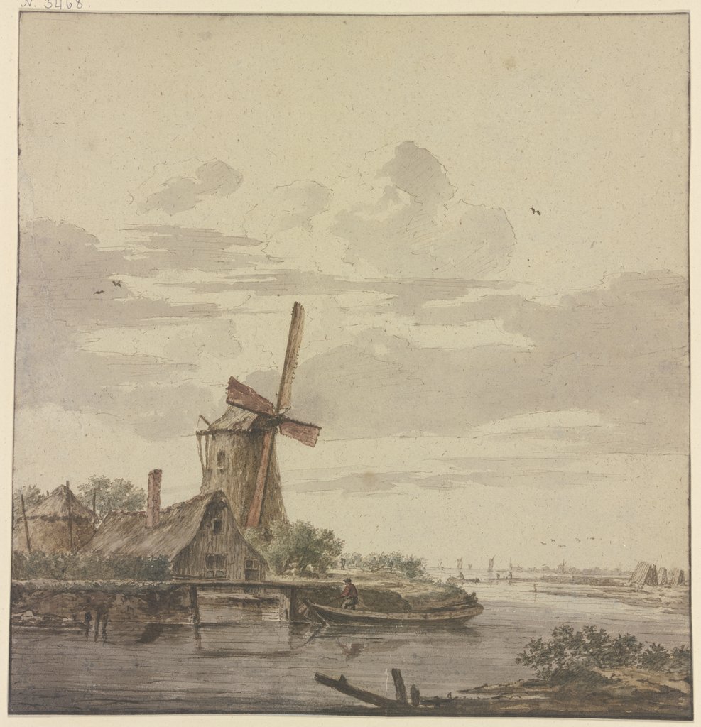 Kleiner Fluss, der ins Meer mündet, links eine Windmühle, Hendrik Kobell