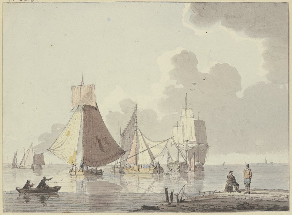 Ruhige See mit vielen Schiffen, links ein Boot mit zwei Mann, rechts am Ufer sitzt ein Matrose auf einem Korb, ein anderer steht vor ihm, Hendrik Kobell