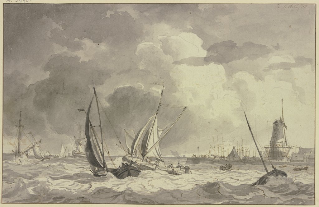 Bewegte See mit vielen Schiffen, rechts der Hafen mit einer Windmühle und einer großen Kanone, Hendrik Kobell