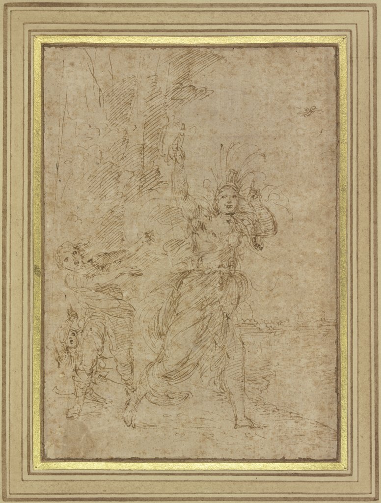 Eine Frau ("La Pazza") mit sonderbarem Kopfputz flieht vor zwei Verfolgern, Ludovico Carracci