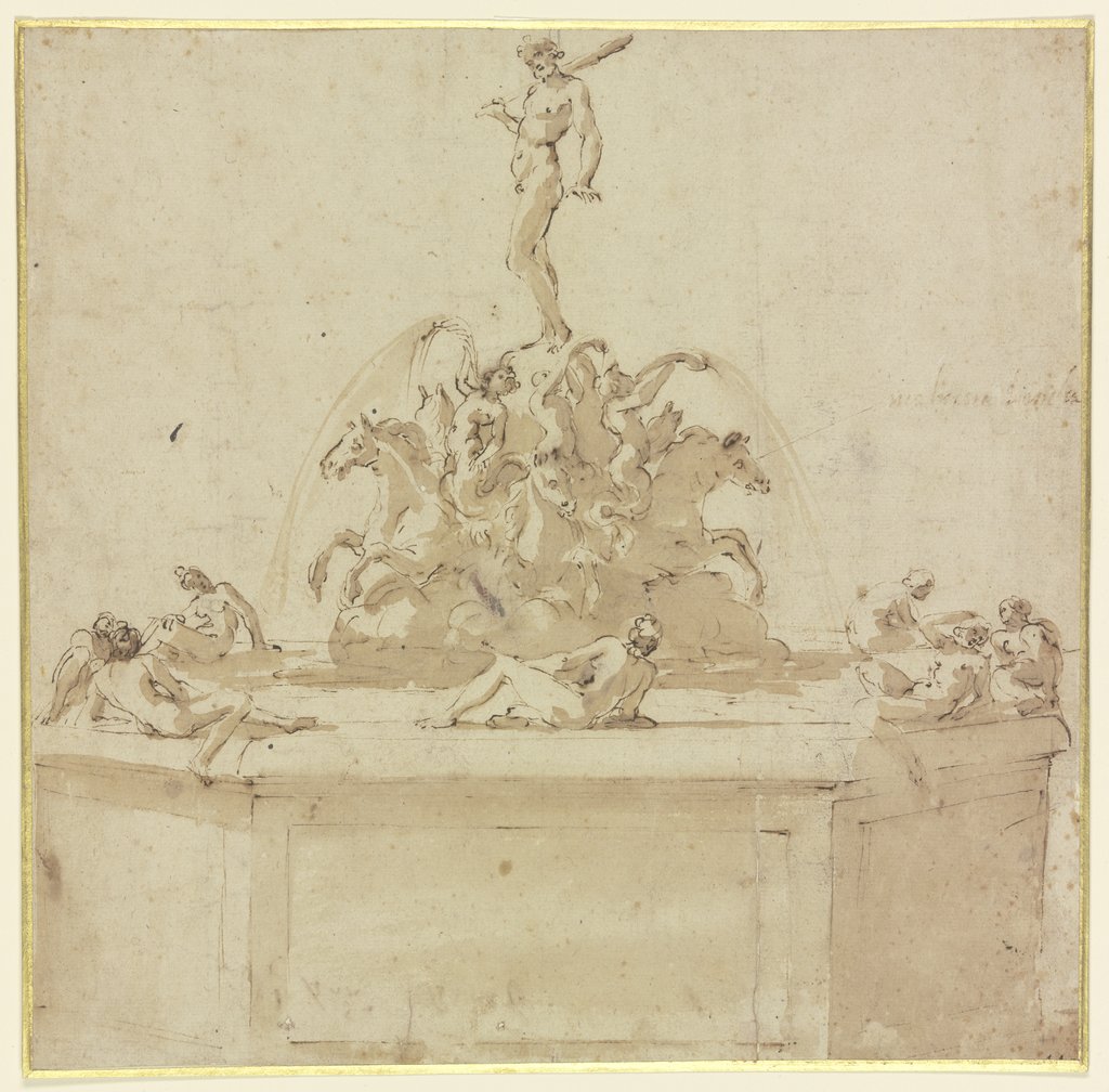 Ein Brunnen, über einer Gruppe von auf Pferden reitenden Tritonen steht Herkules, auf dem Brunnenrand liegen Nymphen, Benvenuto Cellini;   ?