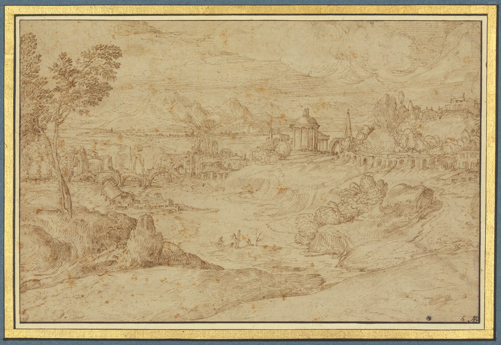 Landschaft mit antikem runden Tempel, einer zerstörten Brücke und einem Fluß, Domenico Campagnola;   ?