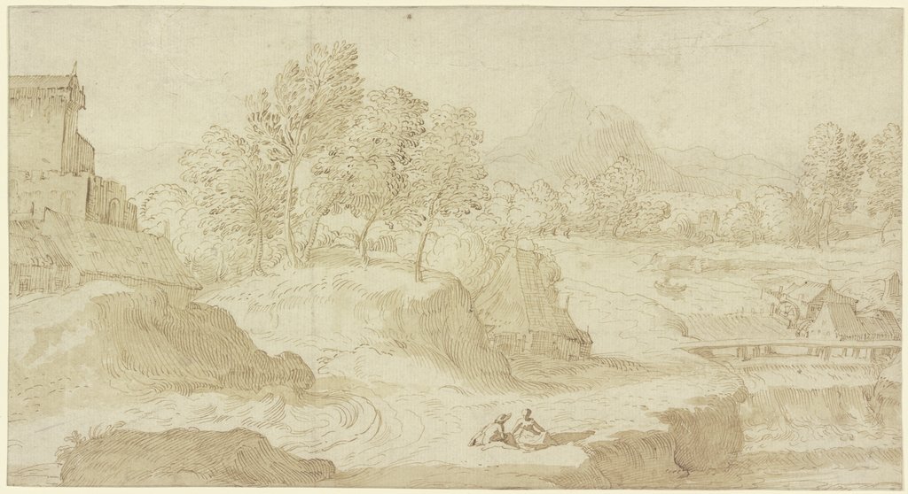 Landschaft mit Schloß, Wassermühle und Dorfhäusern, Domenico Campagnola;   ?