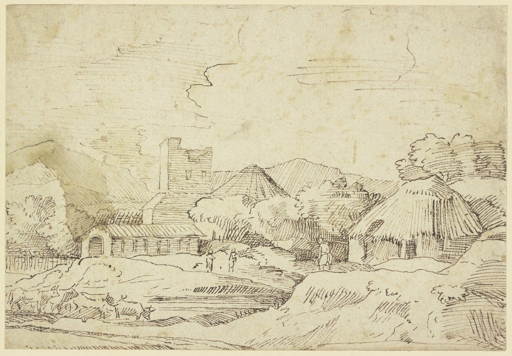 Landschaft mit Getreidefeldern und weidenden Kühen vor einem Dorf, Domenico Campagnola;   ?