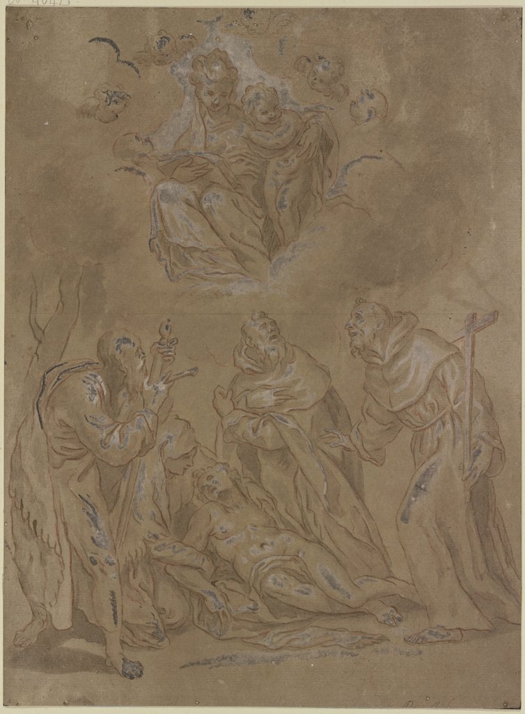 Vier Heilige, einer nackt am Boden liegend, von einer Frau gestützt, über ihnen die Madonna mit dem Kind in Wolken, Agostino Carracci;   ?