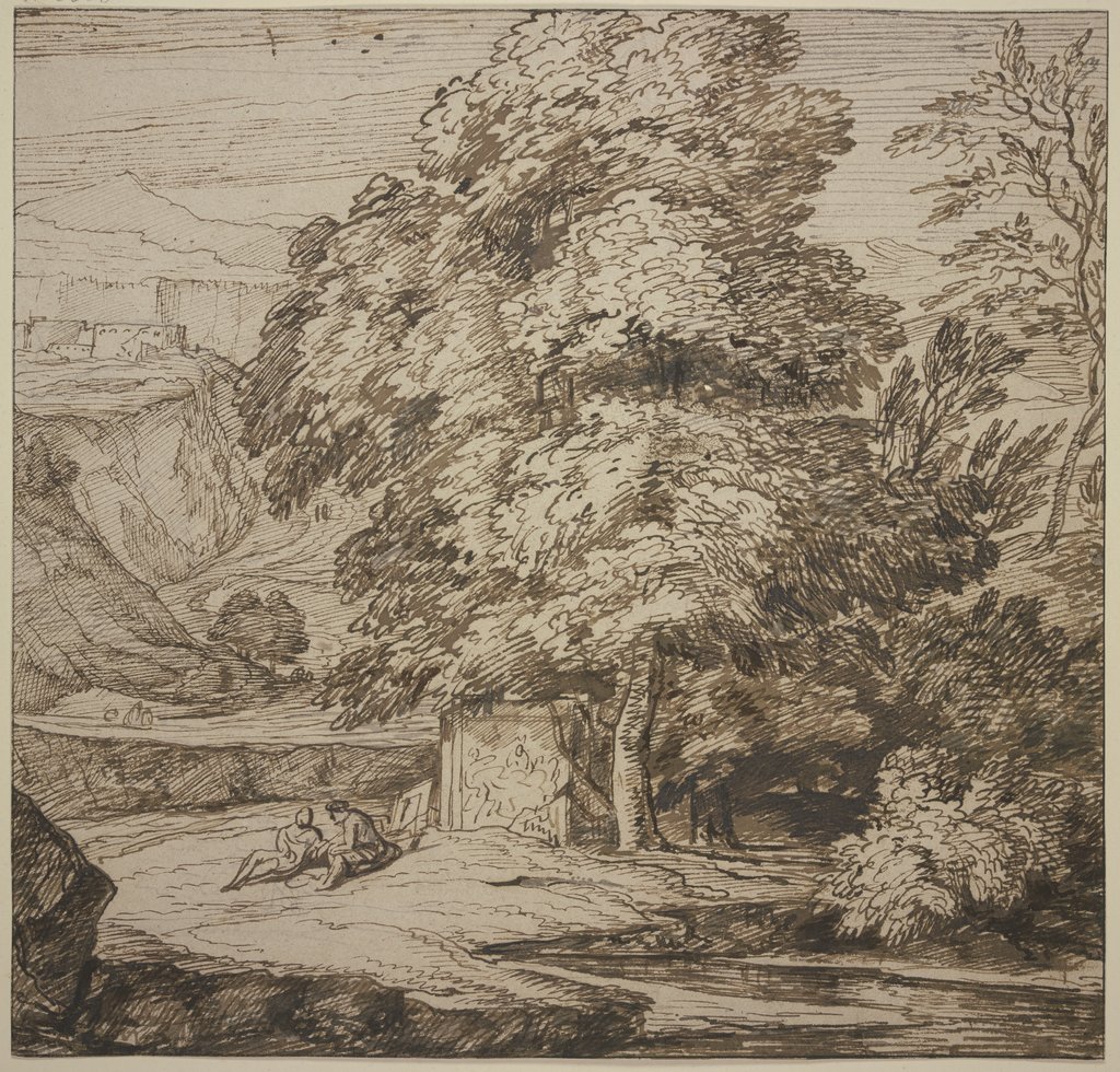Ein Denkmal unter großen Bäumen, dabei zwei sitzende Figuren, Jacob Esselens;   ?