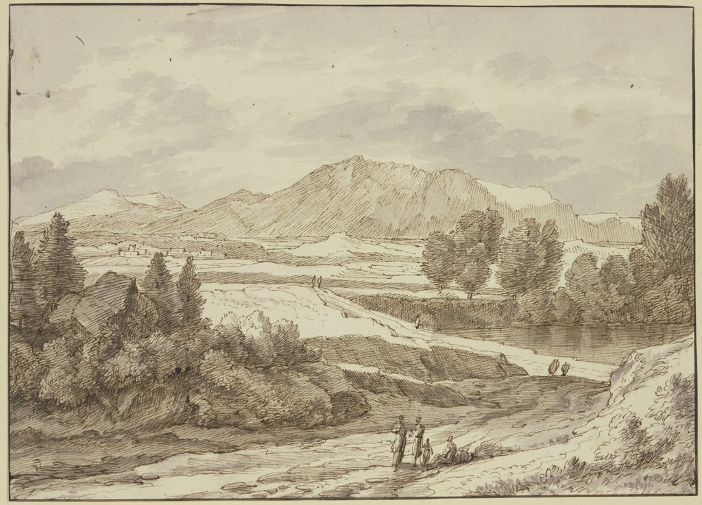 Ebene vor dem Gebirge, rechts ein See, auf dem Weg verschiedene Figuren, Jacob Esselens