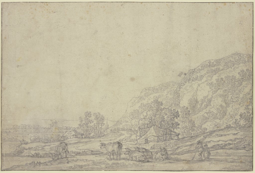 Landschaft mit zwei Hütten, rechts hohe Berge, vorne fünf Kühe, Aelbert Cuyp