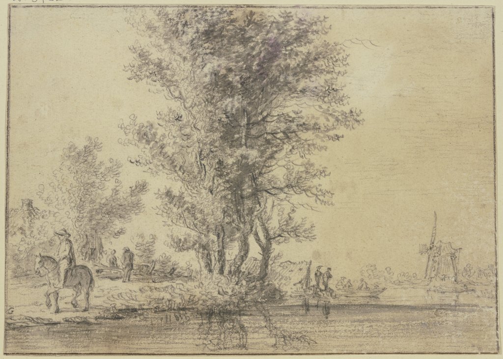 Baumgruppe im Wasser, links ein Reiter, rechts eine Windmühle, Aelbert Cuyp;   ?