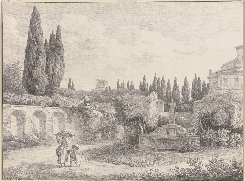 Römische Villa mit einem Brunnen, links eine Frau mit einem Korb auf dem Kopf und einem Knaben, Jean Baptiste Coste