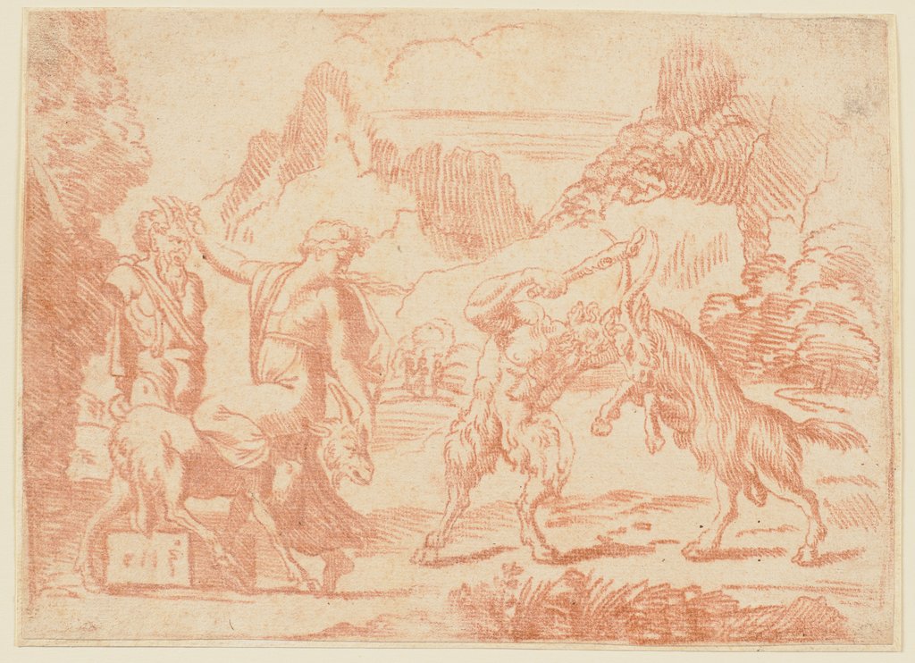 Bacchantin, an einer Panherme rückwärts auf einer Ziege sitzend, und ein Satyr, der mit einem Bock kämpft, in eine Landschaft platziert, Michel Corneille d. J.;   zugeschrieben, nach Italienisch, 16. Jahrhundert, nach Marco Dente
