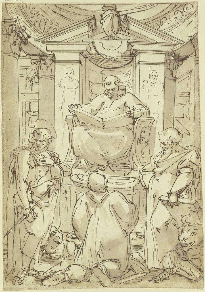 Der Heilige Benedikt (?) mit aufgeschlagenem Buch auf einem Postament vor Aedicula und Kuppelansatz sitzend, neben ihm die Heiligen Johannes der Täufer und Lukas, Luca Cambiaso