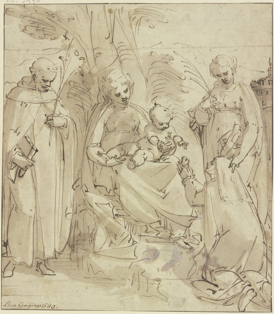 Madonna unter einem Baum zwischen zwei Heiligen, eine kniende Nonne hält dem Jesuskind ein Herz entgegen (Sacra conversazione), Luca Cambiaso