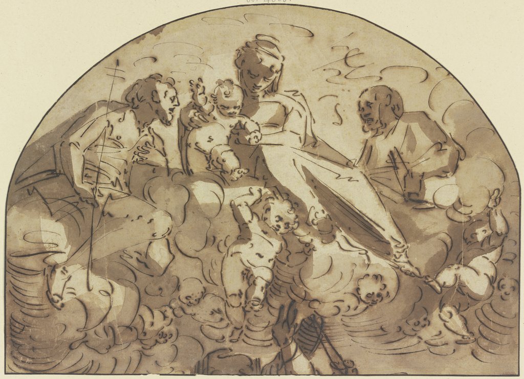 Madonna auf Wolken von Engeln getragen zwischen zwei Heiligen, Luca Cambiaso;   ?