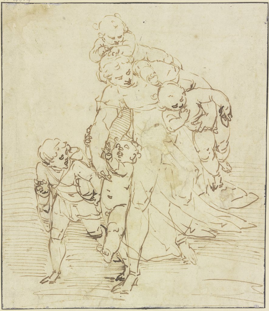 Vorwärts schreitende Frau mit vier Kindern (Caritàs), Luca Cambiaso