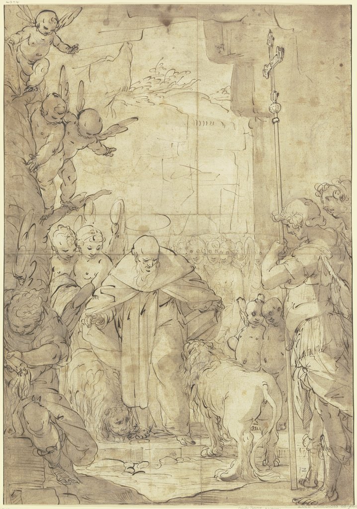 Der Heilige Hieronymus mit zwei Löwen umgeben von Heiligen und Engeln, Luca Cambiaso;   ?