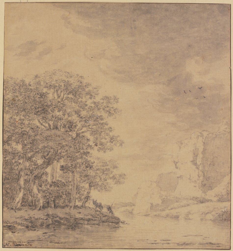 Baumpartie am Wasser, rechts eine Felsböschung, Herman Naiwinx
