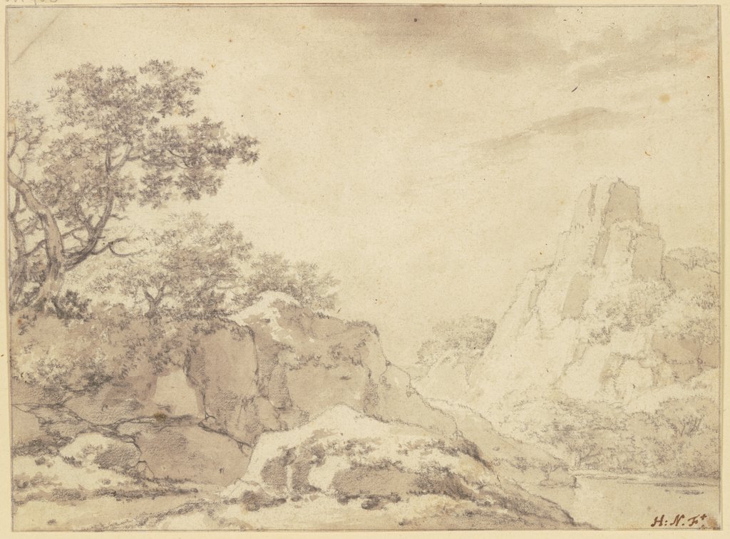 Links eine Felspartie mit Bäumen an einem Gewässer, rechts hohe Felsen, Herman Naiwinx
