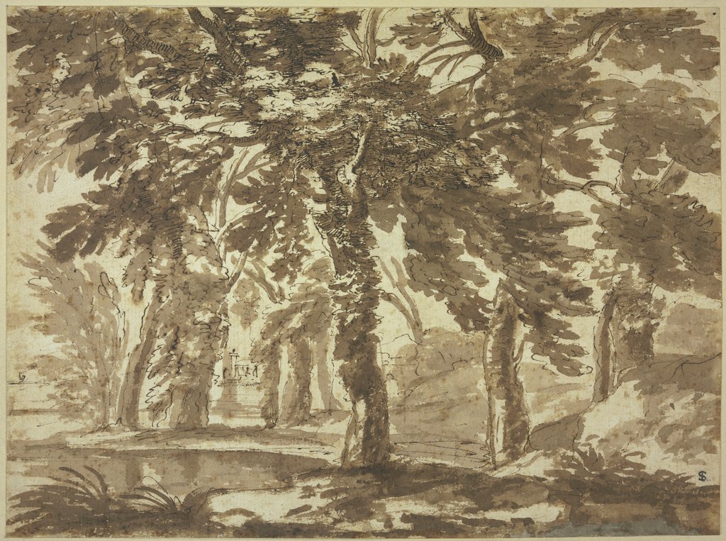 Waldlandschaft an einem Teich, style of Nicolas Poussin