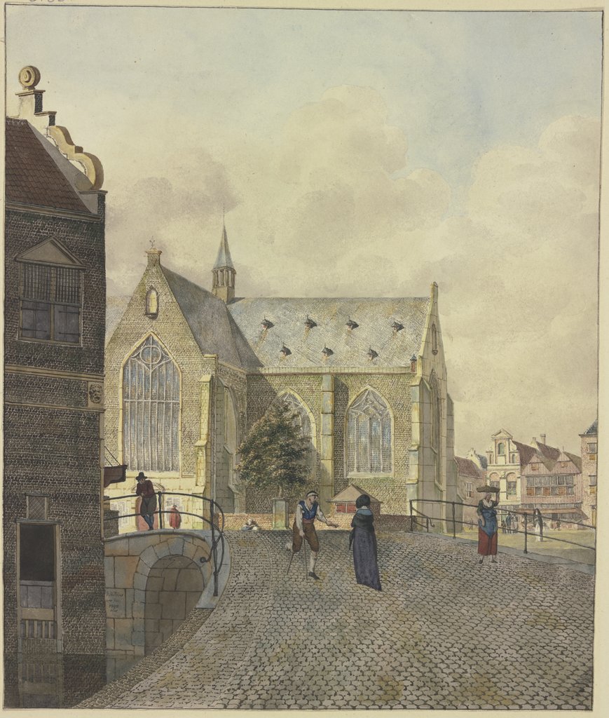 Kirche bei einer Brücke, ein lahmer Bettler bei einer Dame, Johannes Huibert Prins;   attributed