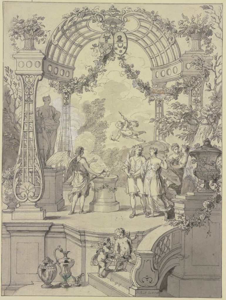 Ein Brautpaar mit Hymen an einem Altar stehend, Amor schwebt über ihnen mit reicher Architektur, Jan Punt