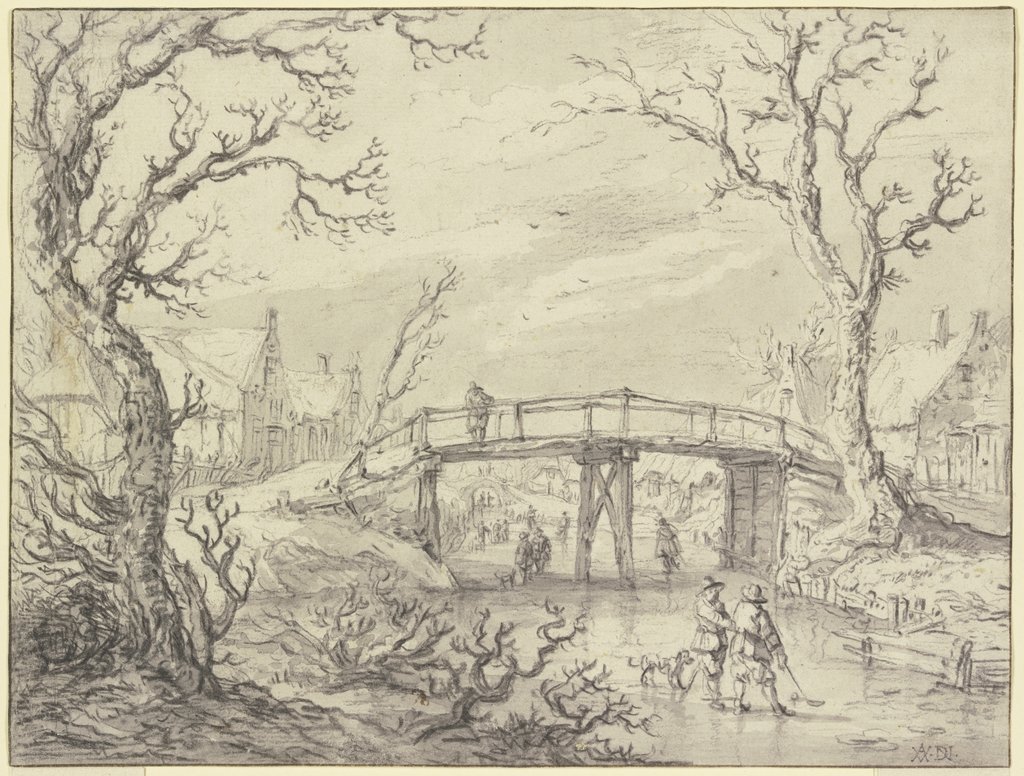 Über einen zugefrorenen Kanal bei einem Dorf eine Holzbrücke, vorne zwei Männer mit einem Hund, Aert van der Neer