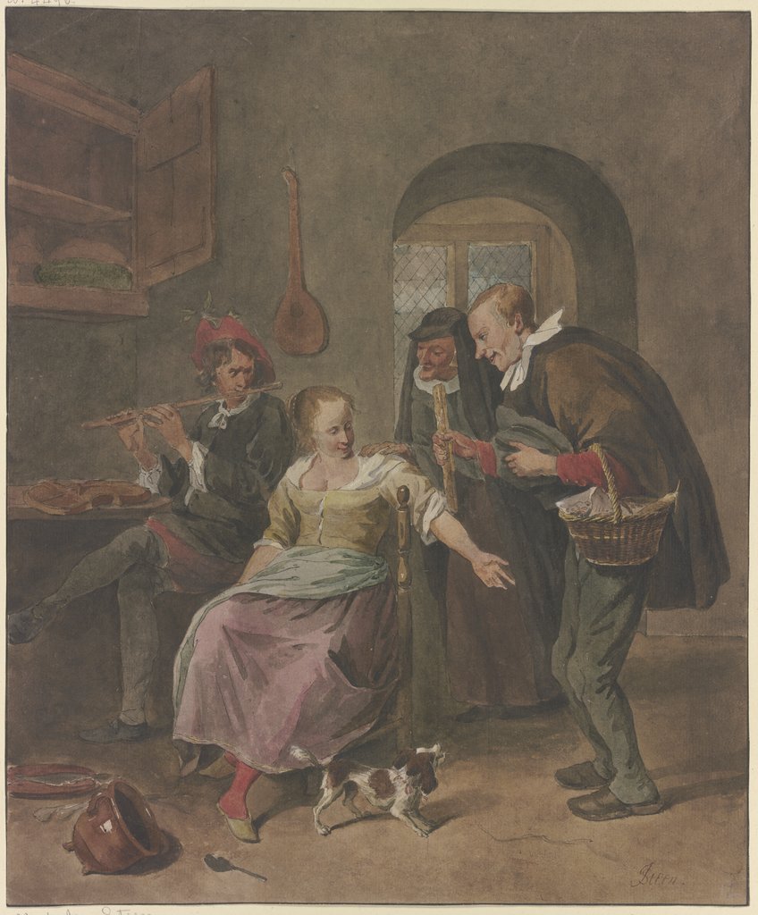 In einem Zimmer spielt ein Mann die Flöte, dabei sitzt eine Frau, die mit einem Mann spricht, der ein Körbchen trägt, hinter beiden eine alte Frau, Hermanus Numan, after Jan Steen