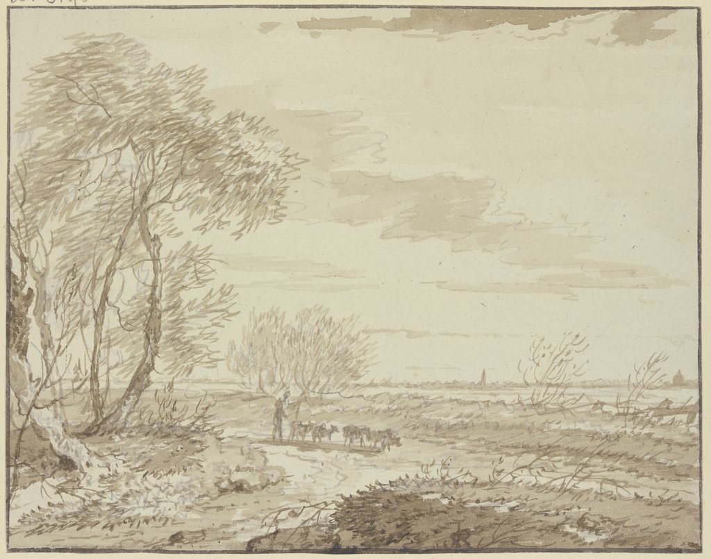 Landschaft mit Fernsicht, links Bäume, auf dem Weg eine Schafherde, Gerard van Nijmegen