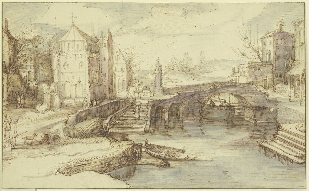 Stadtansicht mit einer Brücke, unter welcher ein Schiff durchfährt, dabei eine Treppe, die eine Frau mit einem Korbe hinaufsteigt, Cornelis Claesz. van Wieringen