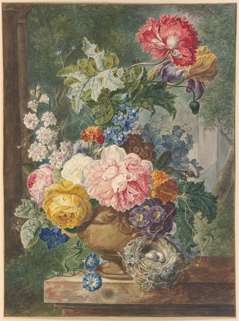 Blumenstrauß in einer Vase, dabei ein Vogelnest, Georgius Jacobus Johannes van Os
