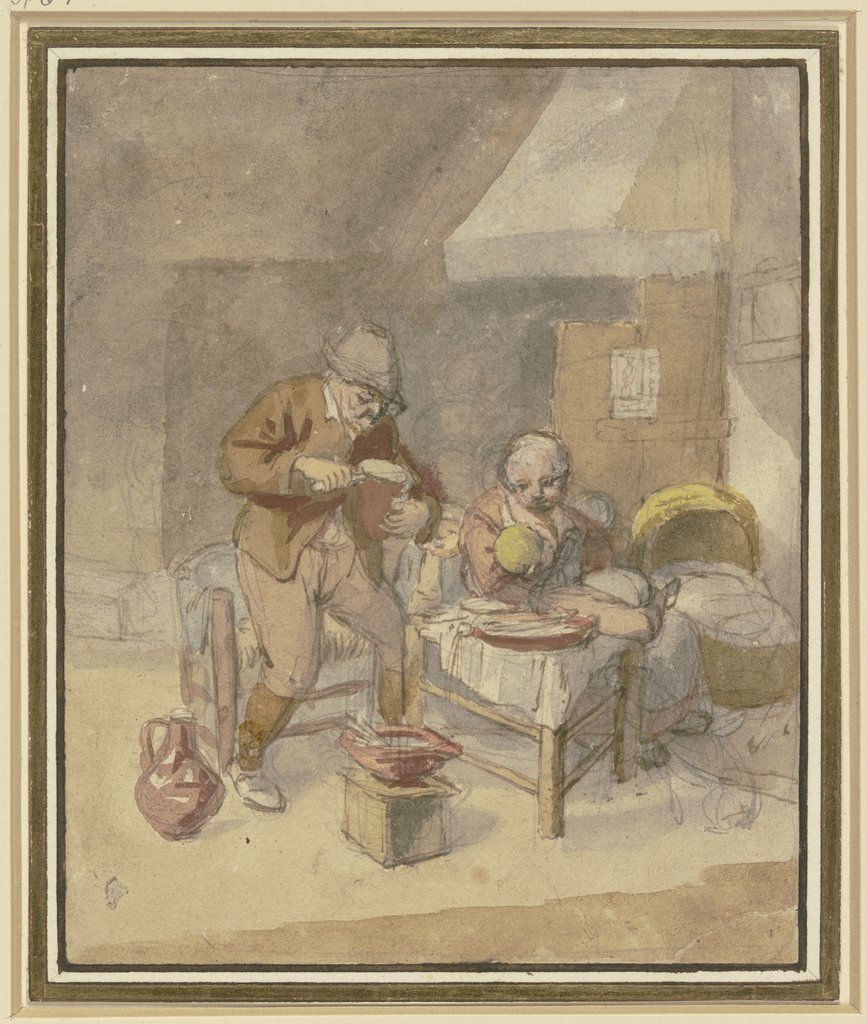 Bauernfamilie mit zwei Kindern bei der Mahlzeit, Isaac van Ostade, Cornelis Dusart