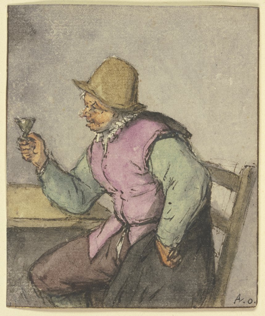 An einem Tisch sitzender Bauer mit Glas, nach links, Adriaen van Ostade