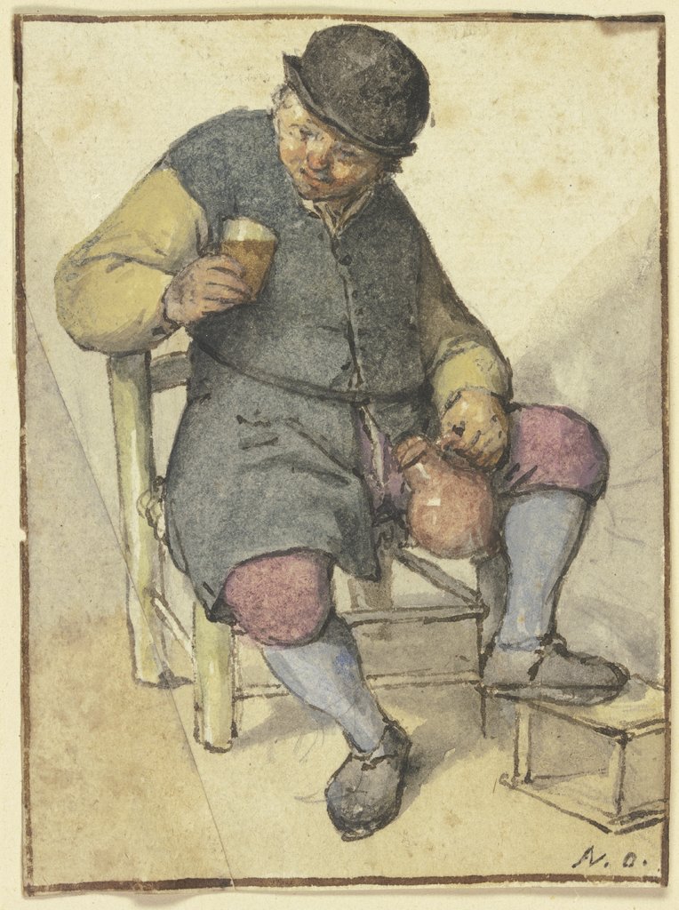 Sitzender Bauer von vorn, mit Krug und Glas, Adriaen van Ostade