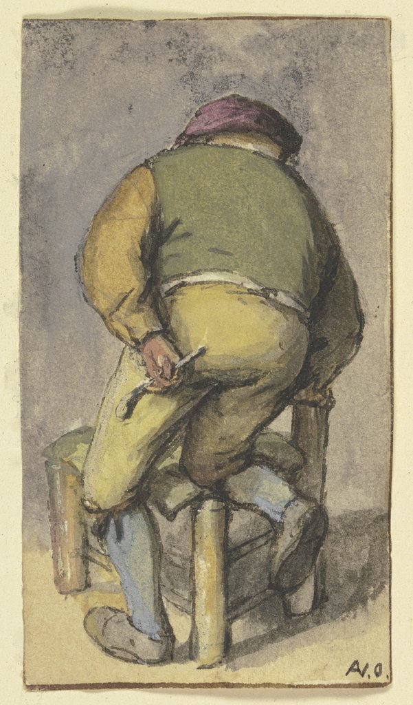 Bauer von hinten, mit dem rechten Bein auf einem Stuhl kniend, Adriaen van Ostade