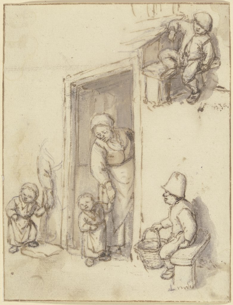 Studienblatt: Eine Mutter und ihre Tochter in der Haustür, ein Mädchen an der Hand der Mutter, und zwei sitzende Jungen, Adriaen van Ostade